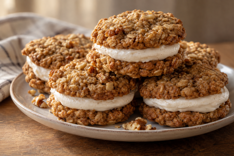 Homemade oatmeal cream pies with stable vanilla marshmallow filling