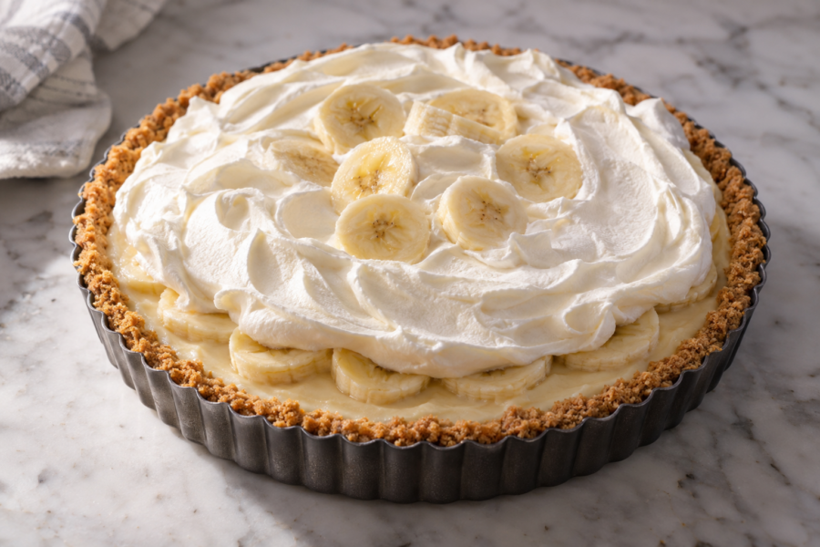 No-bake banana pudding cheesecake tart with vanilla wafer crust, topped with a thin vanilla whipped swirl and banana slices