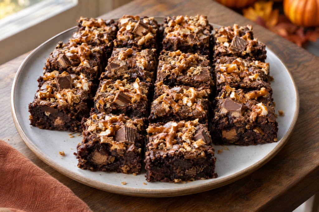 Finished Halloween candy bar brownies with salted pretzel crunch cut into 16 squares in a lined 8-inch square pan style