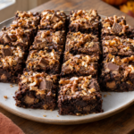 Finished Halloween candy bar brownies with salted pretzel crunch cut into 16 squares in a lined 8-inch square pan style