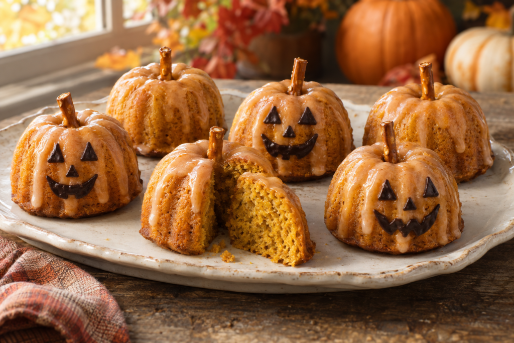Six mini jack-o’-lantern pumpkin Bundt cakes with orange-tinted maple glaze and optional chocolate faces on a rustic platter
