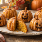 Six mini jack-o’-lantern pumpkin Bundt cakes with orange-tinted maple glaze and optional chocolate faces on a rustic platter