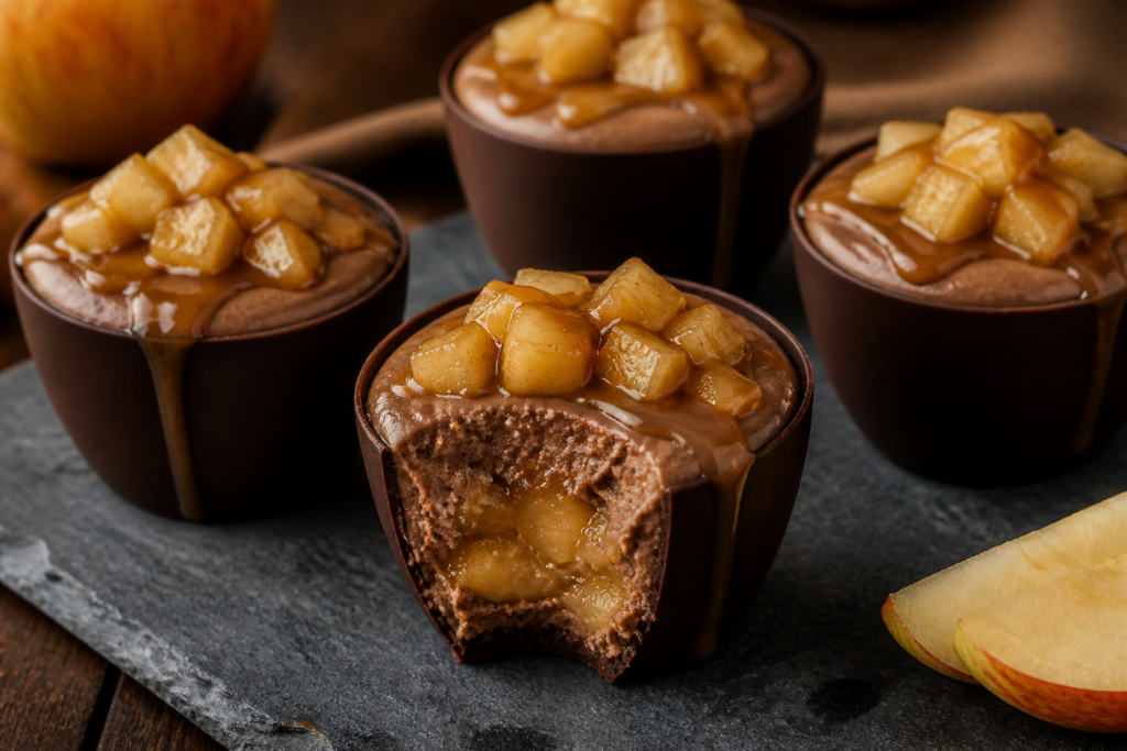 Caramel apple chocolate mousse cups with a thin chocolate shell
