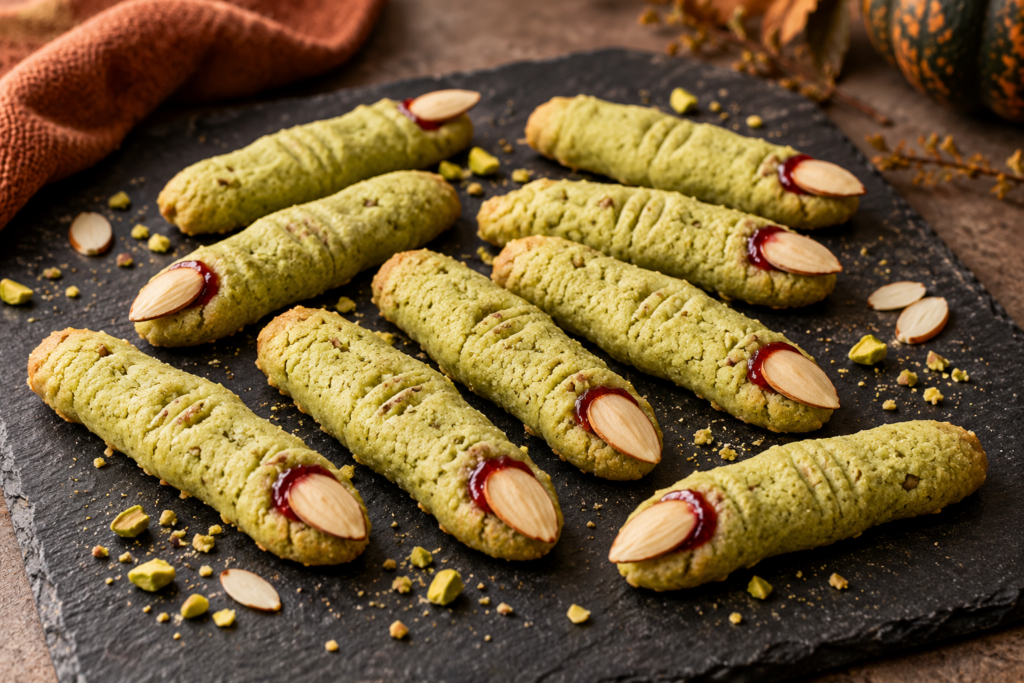 Finished witch finger pistachio shortbread cookies with almond nail and strawberry jam tip on a dark slate board