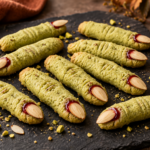 Finished witch finger pistachio shortbread cookies with almond nail and strawberry jam tip on a dark slate board