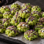 Alien slime crispy rice treats on parchment with neon lime green bites and purple chocolate drizzle