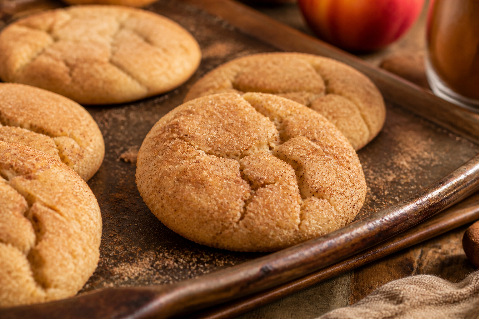 Apple cider reduction snickerdoodles coated in cinnamon sugar on a rustic surface