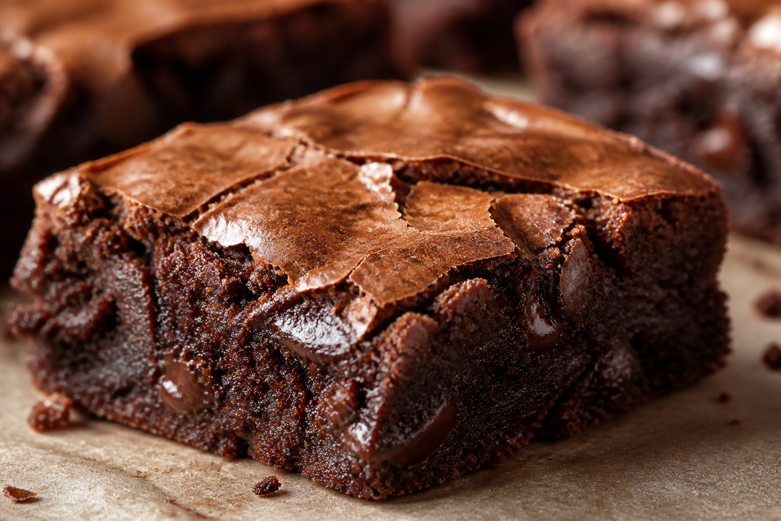 Close-up detail of fudgy brownie crumb and chocolate chunks