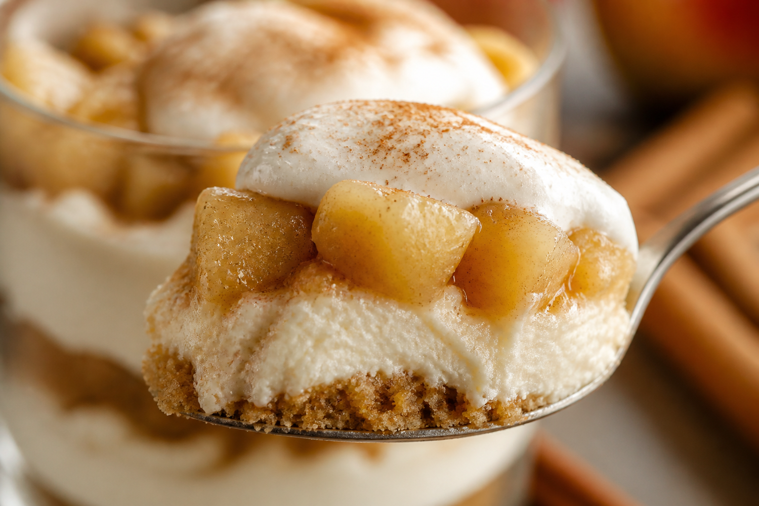 Close-up detail spooning into no-bake apple pie cheesecake parfait