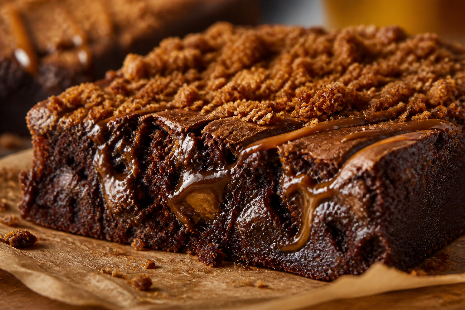 Close-up slice showing dirty chai caramel swirl and toasted chai crumb topping
