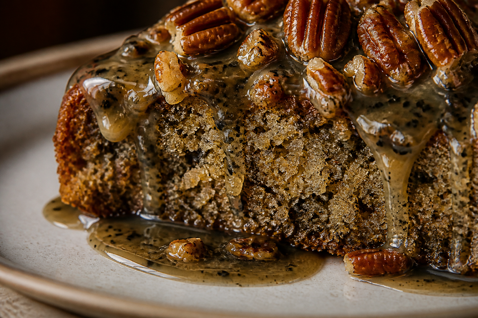 Close-up slice detail of the chai crumb, toasted pecan crunch, and glossy glaze