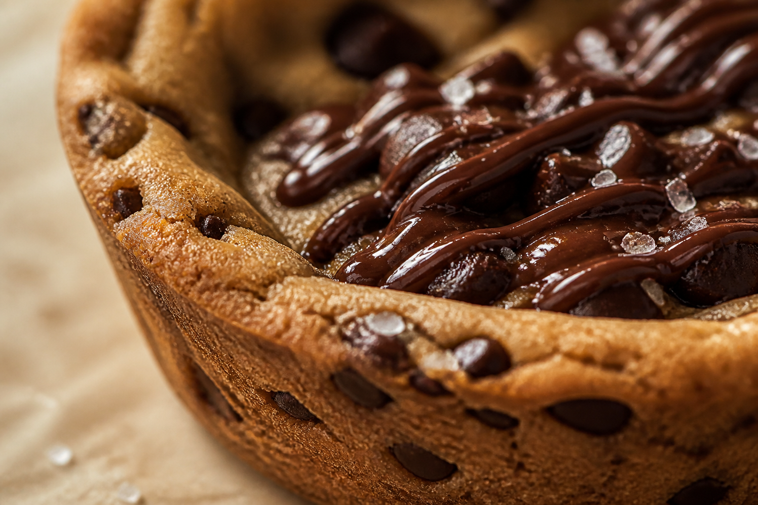 Close-up showing crisp edges, tender center, and glossy cocoa drizzle with flaky salt