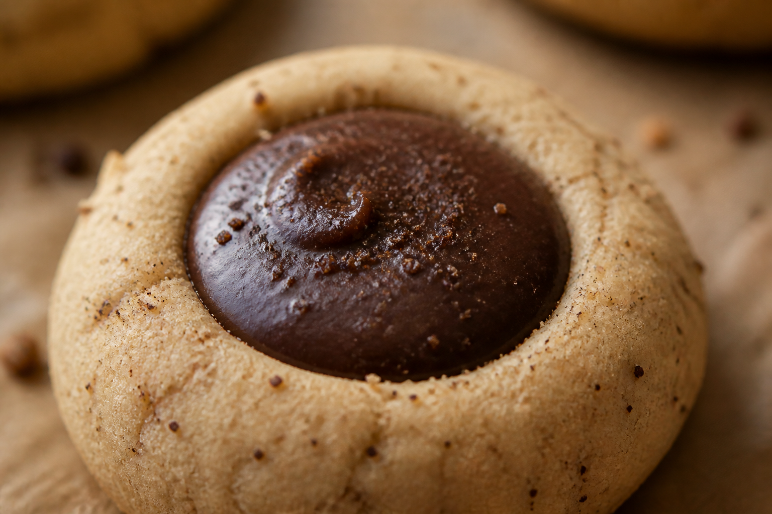 Close-up detail of the chai-mud filling in a thumbprint cookie