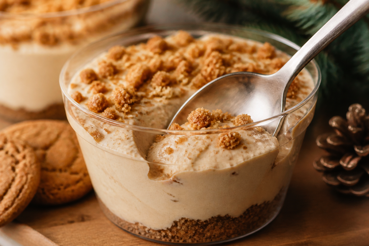 Close-up of gingerbread cookie butter cheesecake cup with gingersnap topping