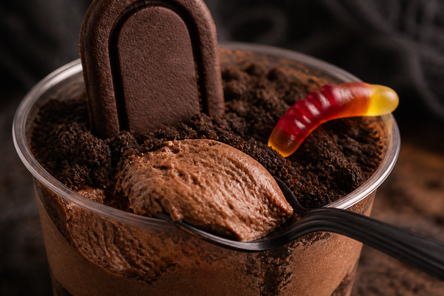 Close-up of chocolate mousse texture with tombstone cookie and gummy worm