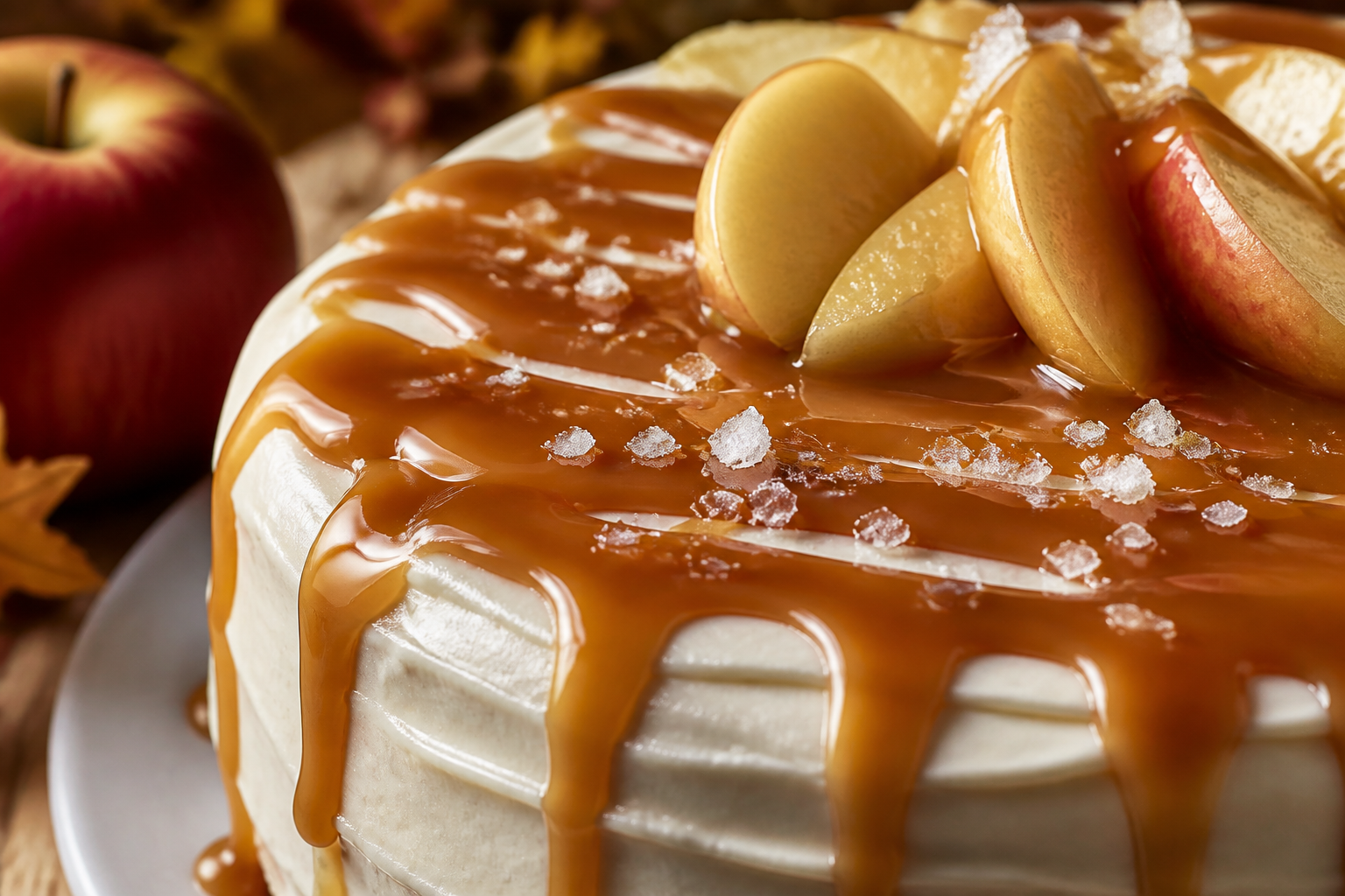 Close-up of apple cider caramel drizzle and flaky salt on the frosting