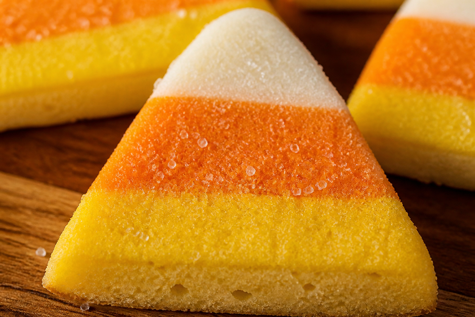 Close-up of tri-color stripes and sugar sparkle on a candy corn layer sugar cookie