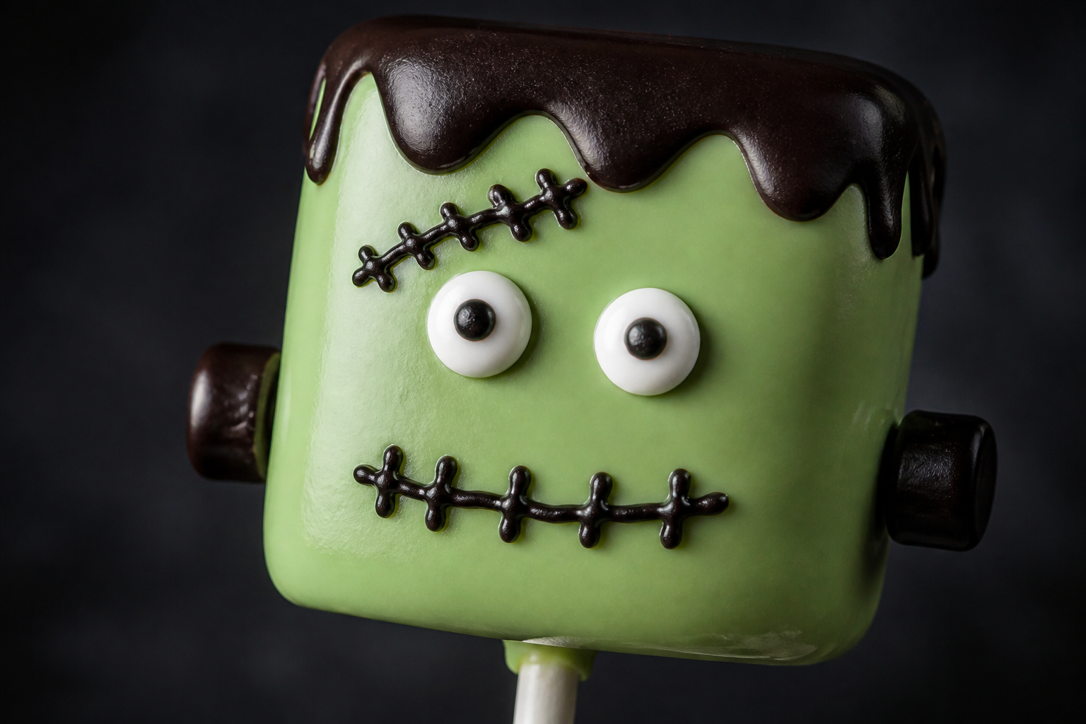 Close-up of Frankenstein marshmallow pop stitched drizzle and eyes