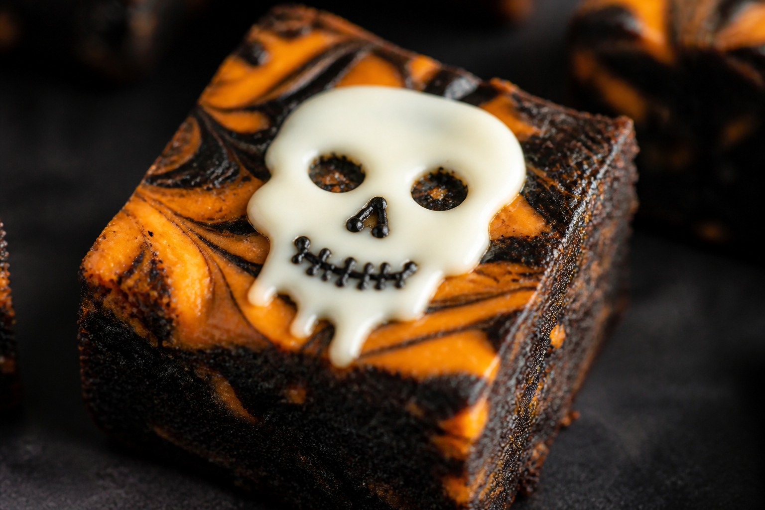 Close-up of a skull-face brownie bite with orange cream cheese swirl