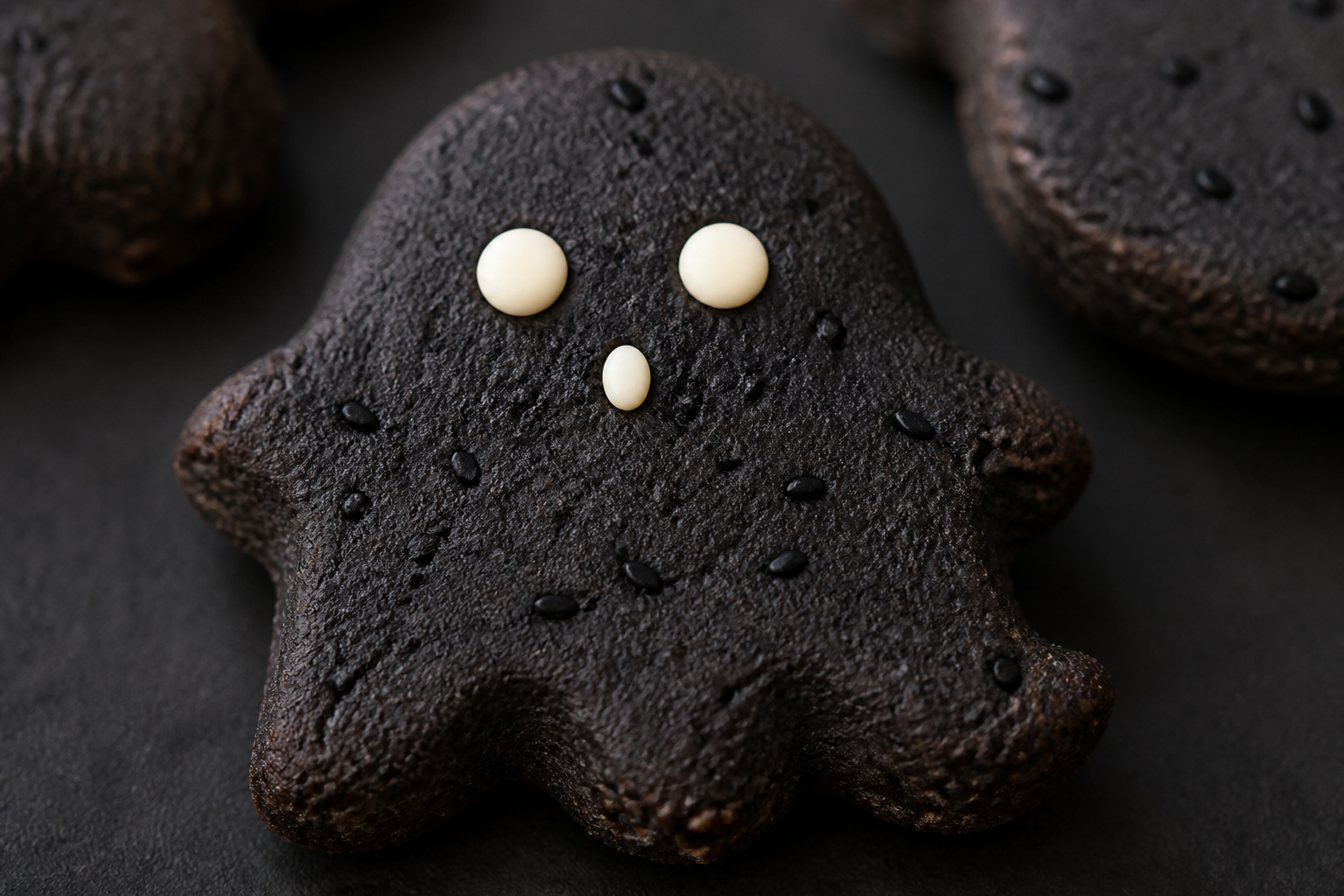 Close-up: white chocolate ghost face dots on a black sesame cookie