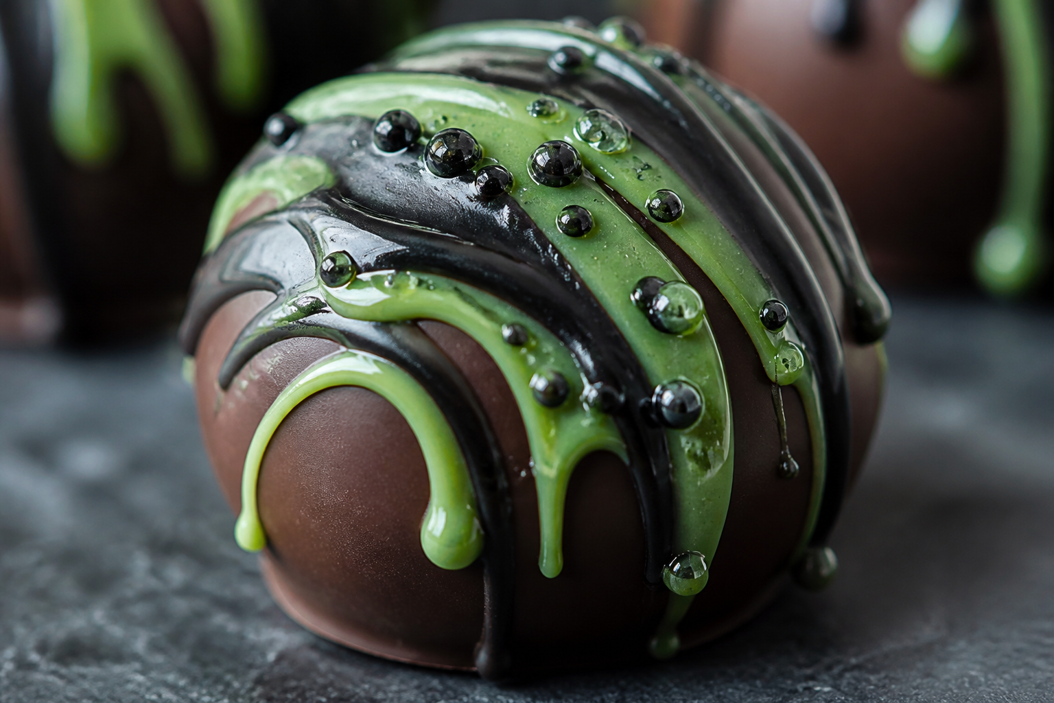 Close-up of witch brew drizzle and glossy peppermint truffle coating