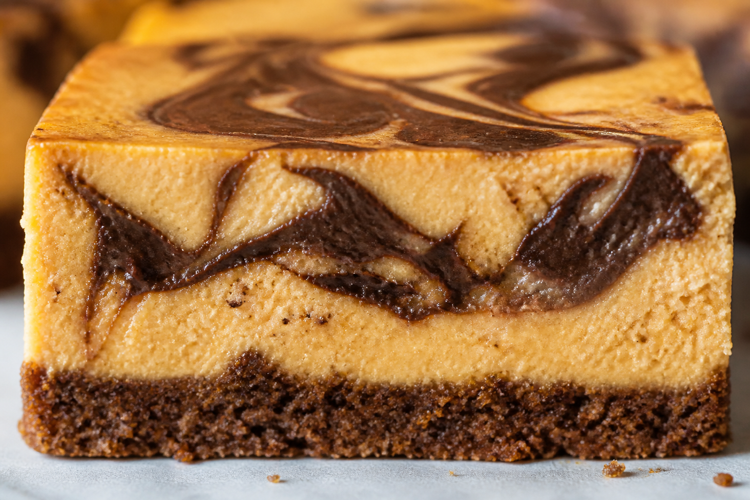 Close-up cross-section detail showing pumpkin filling and chocolate swirl ribbons