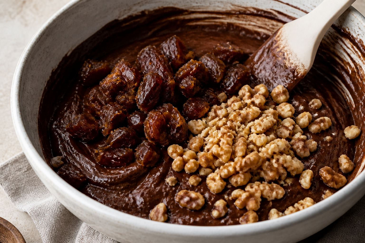 Chopped dates and toasted walnuts ready to fold into glossy chocolate brownie batter