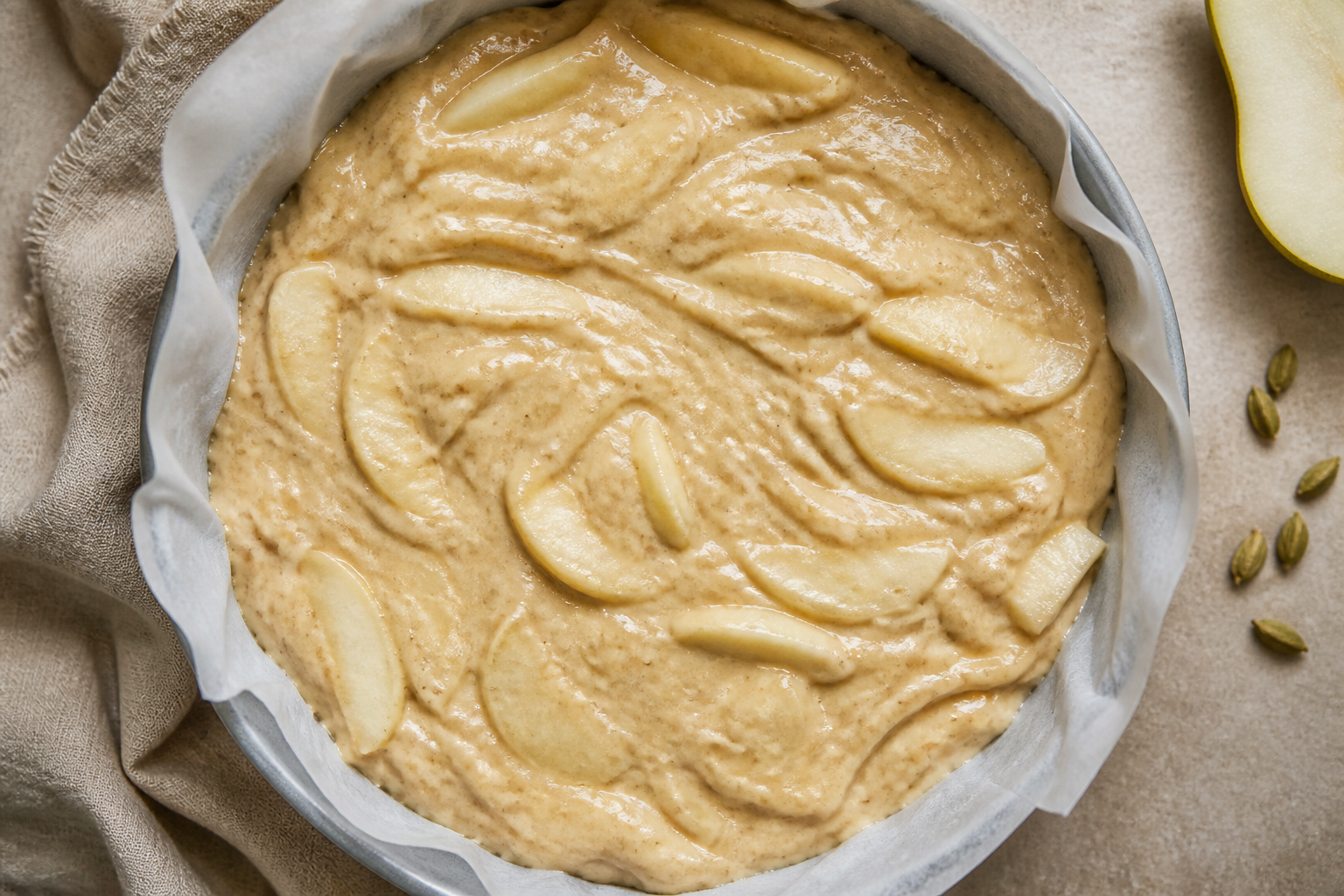 Pear cardamom cake batter with pear slices in a lined round pan before streusel