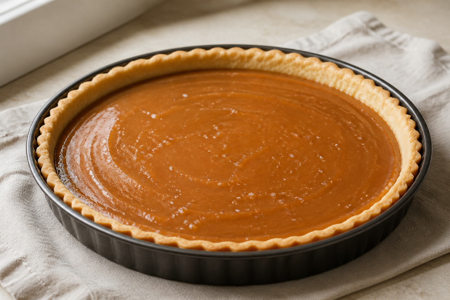 Baked tart shell filled with a thin salted caramel layer before ganache