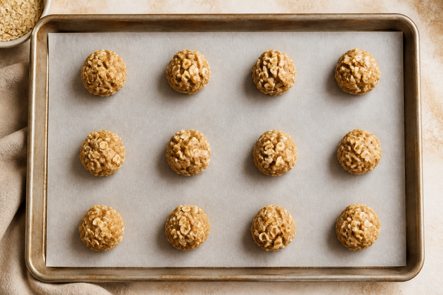 Scoops of maple oatmeal cookie dough on parchment before baking