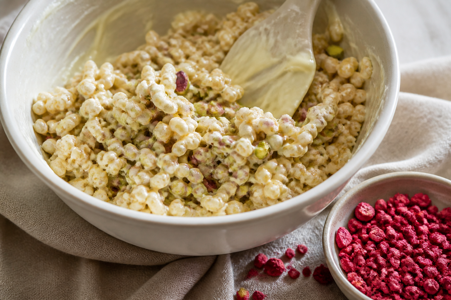 Crisp rice and pistachios being coated for no-bake raspberry crunch bars
