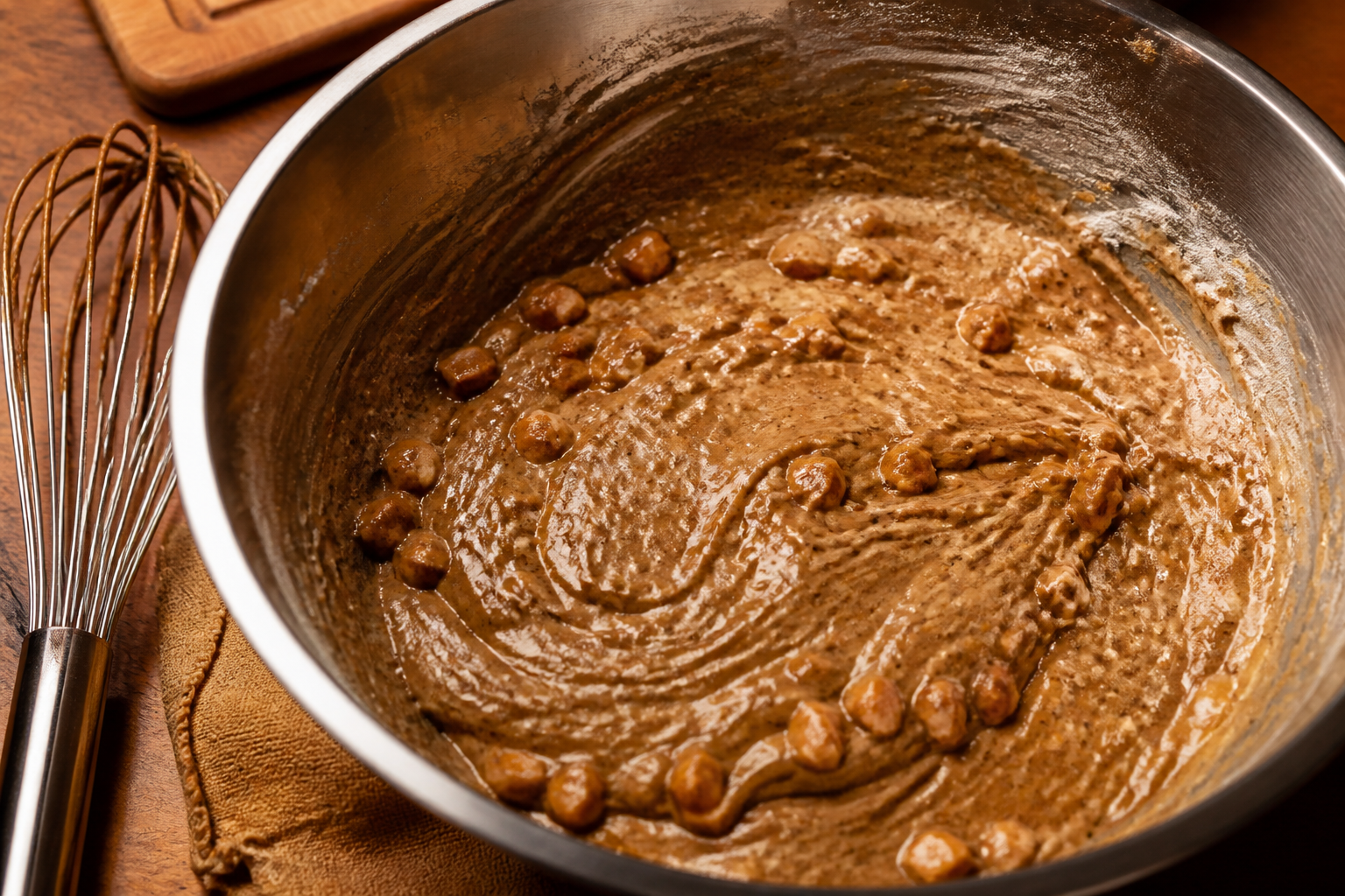 Brown butter toffee blondie batter in a bowl with chopped toffee folded in