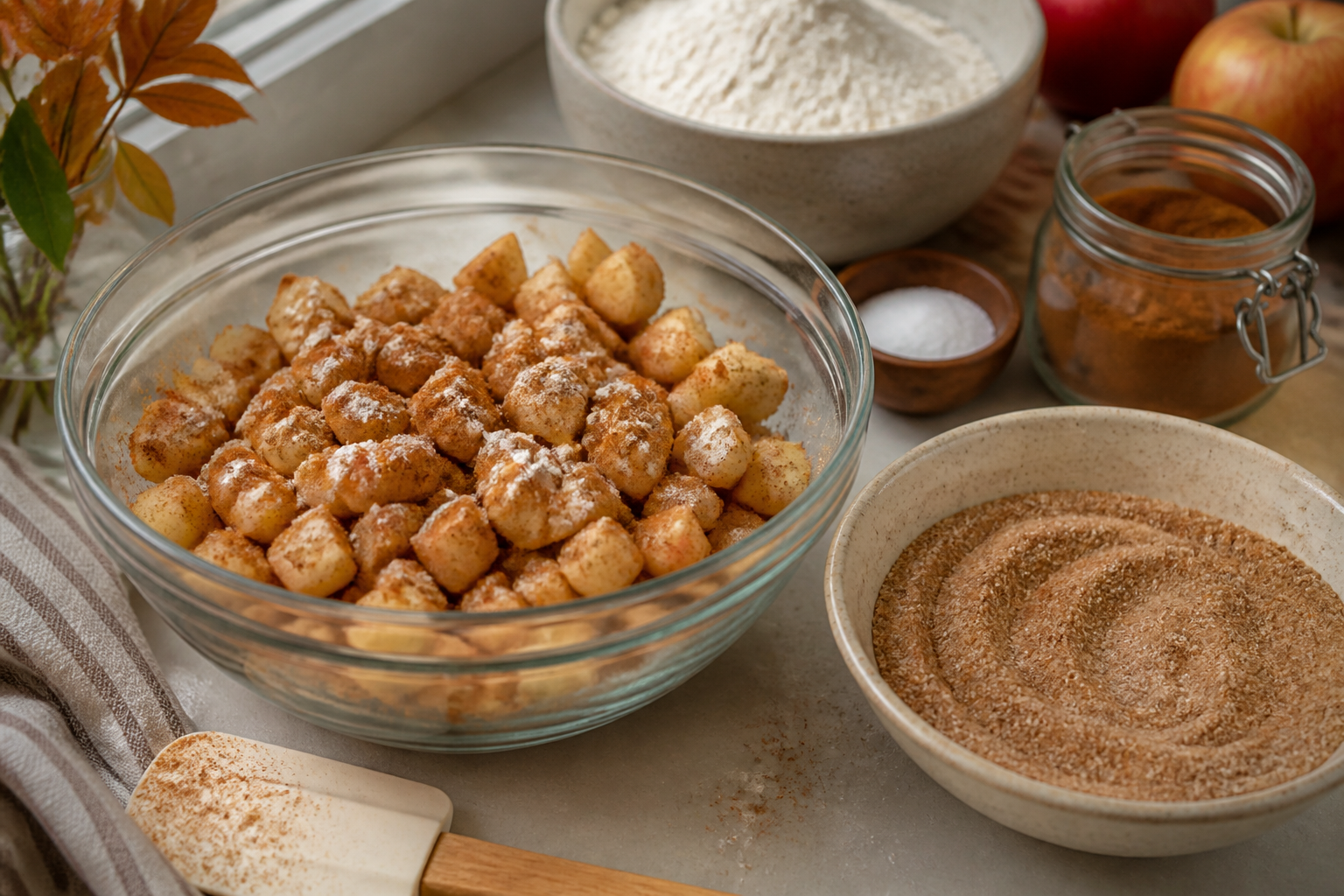 Diced apples and cinnamon-sugar ribbon prep for apple fritter cake