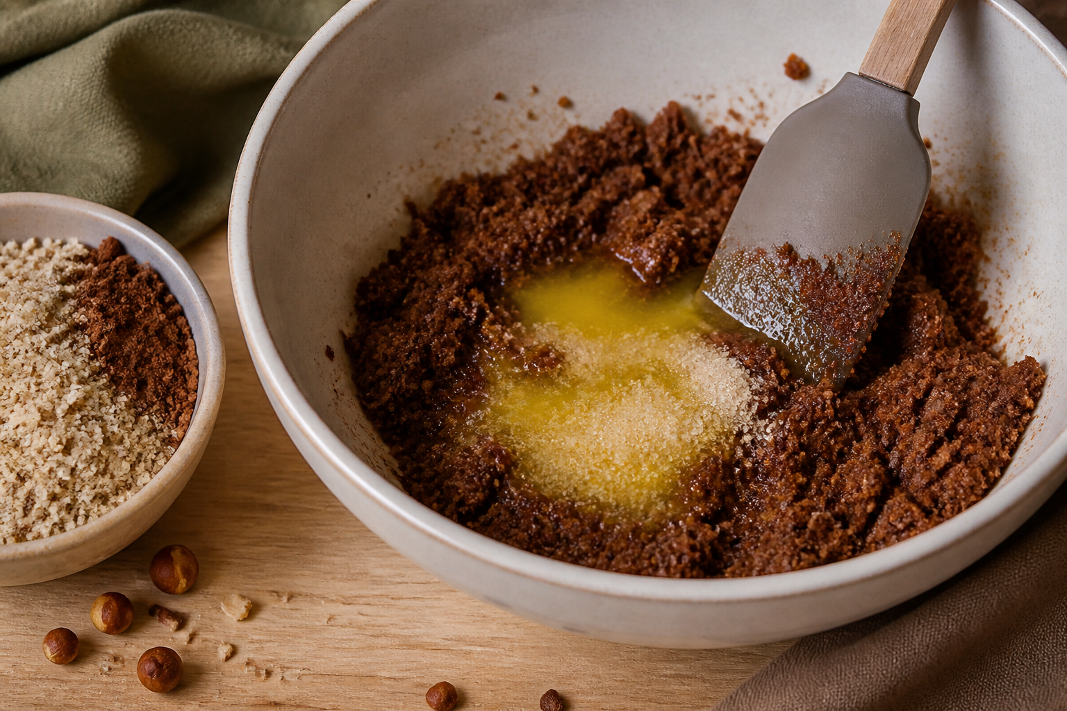 Hazelnut cookie crust dough mixed and ready to press into the tart pan