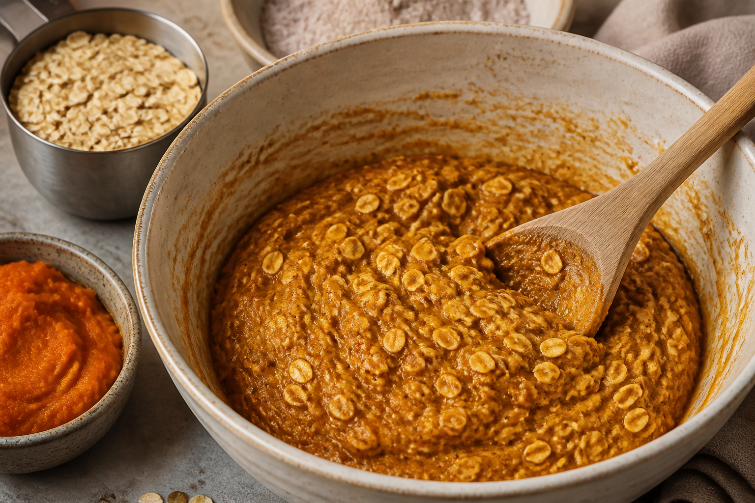 Thick pumpkin oatmeal cookie dough with visible oats in a mixing bowl, before baking