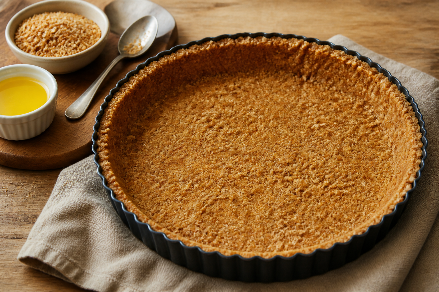 Pressed salty pretzel crumb crust in a 9-inch tart pan