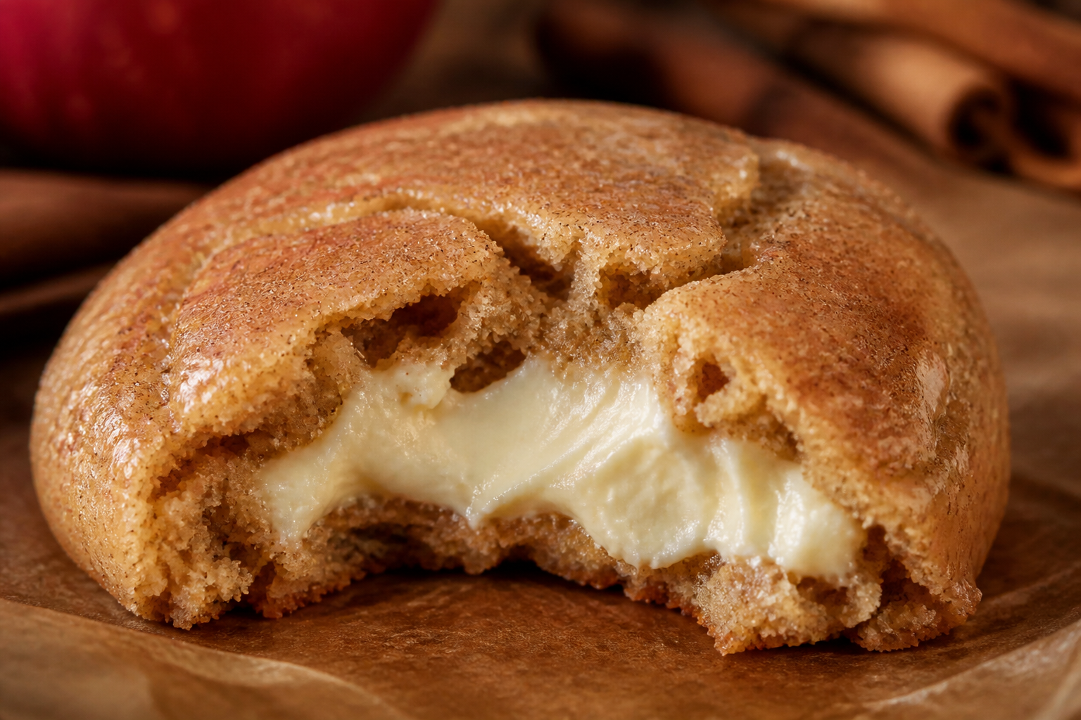 Close-up of the cookie showing the thick vanilla cheesecake filling