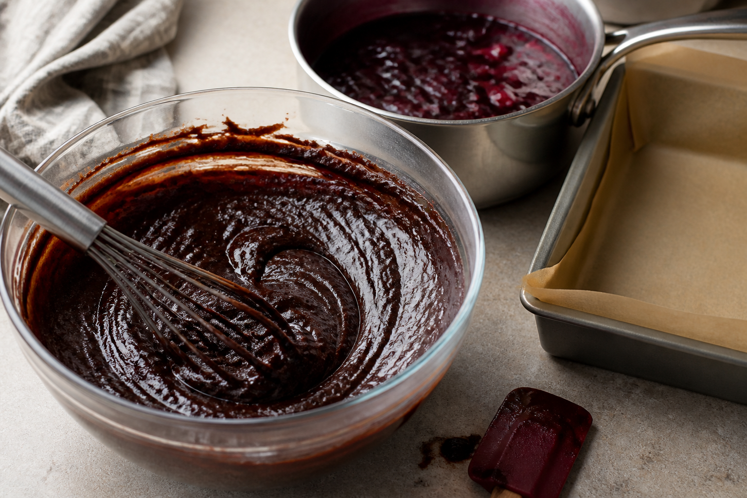Brownie batter and bubbling thick black cherry sauce during earlier preparation