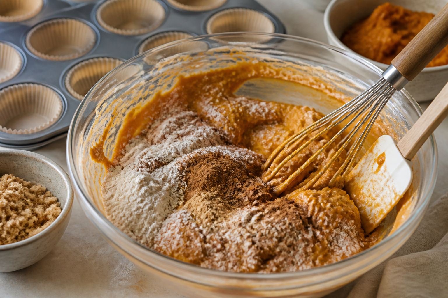 Close-up of thick orange pumpkin batter being mixed for pumpkin patch cupcakes