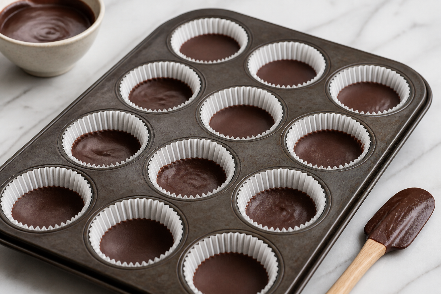 Mini paper liners with a matte set dark chocolate base layer for Halloween peanut butter cups
