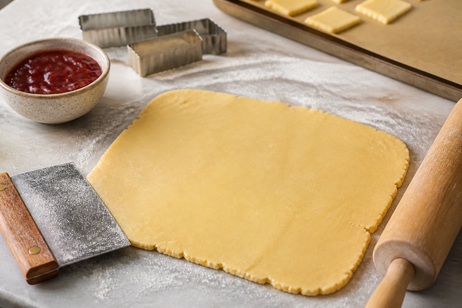 Mummy shortbread cookie dough rolled and ready for cutting with raspberry jam on the side