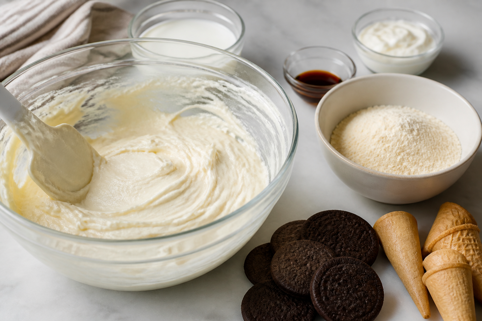 Mixing thick no-egg cheesecake filling and prepping cones and chocolate cookie brims