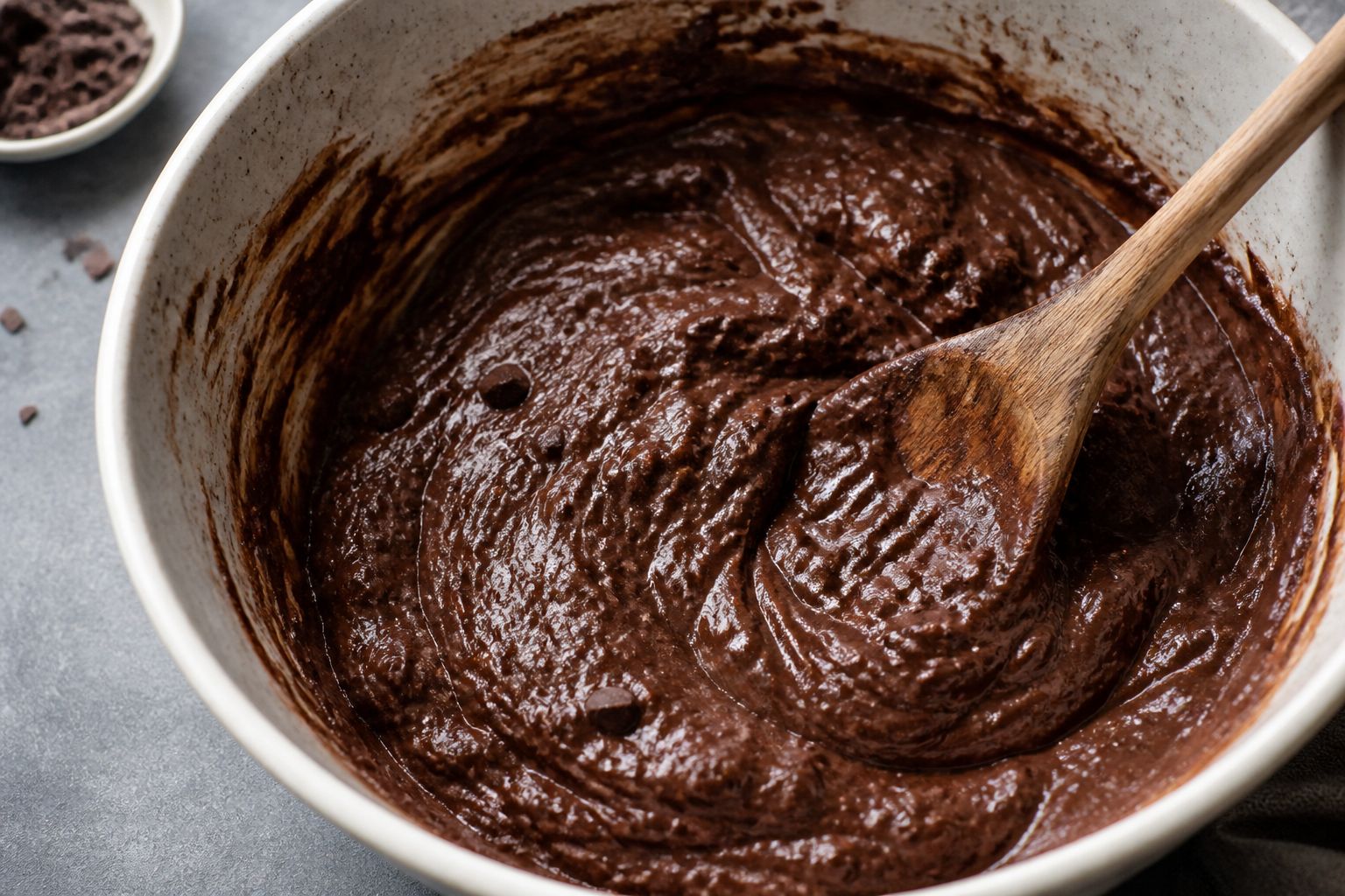 Browning-butter brownie batter stage with melted chocolate and thick batter in a bowl