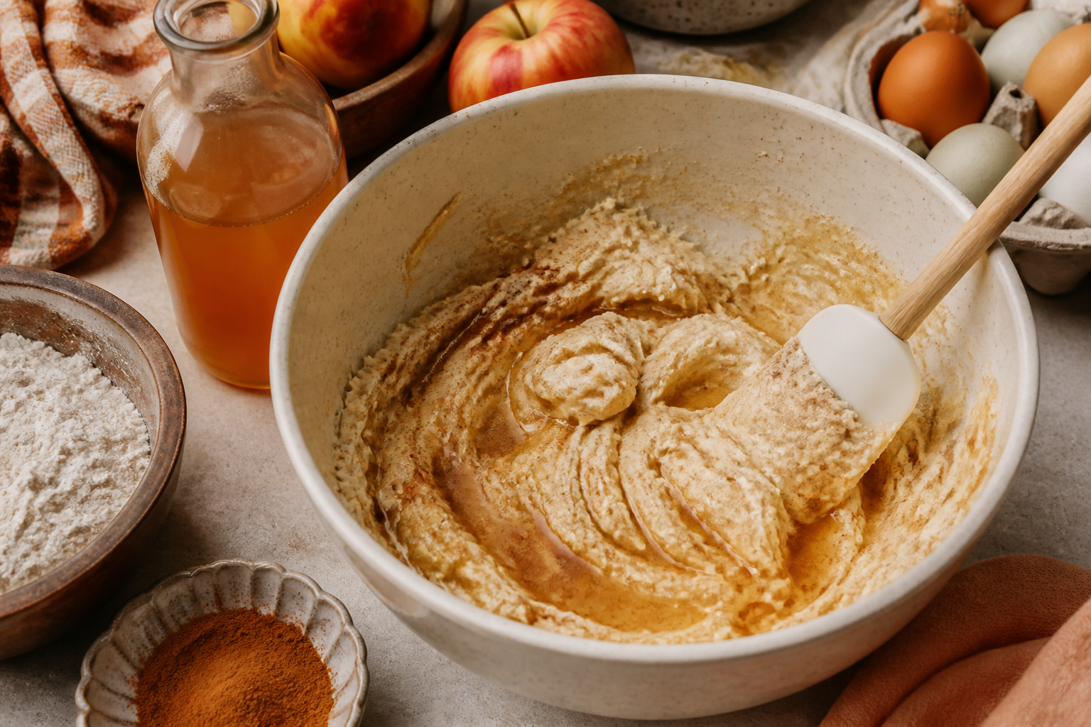 Creaming butter and sugar with cinnamon and cider for the apple cider doughnut bundt cake batter