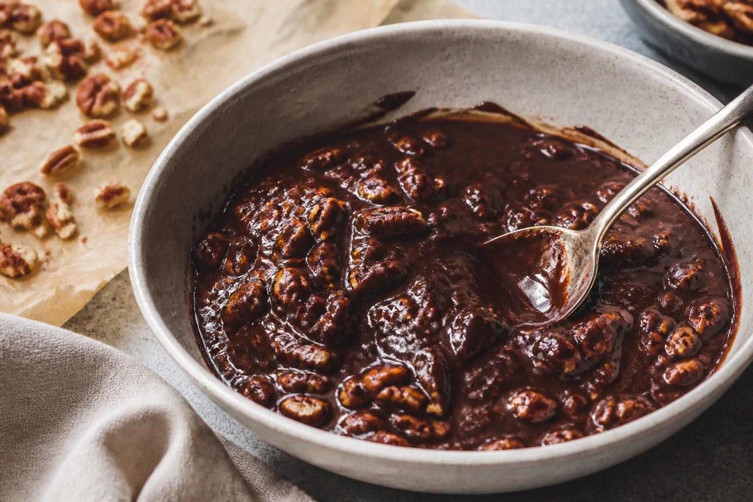 Melted dark chocolate with maple mixed with toasted pecans in a bowl