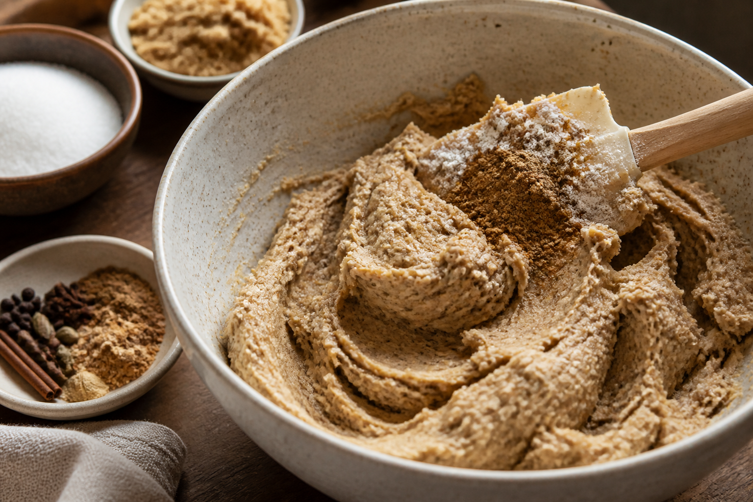 Close-up of chai-spiced snickerdoodle dough after mixing, before rolling