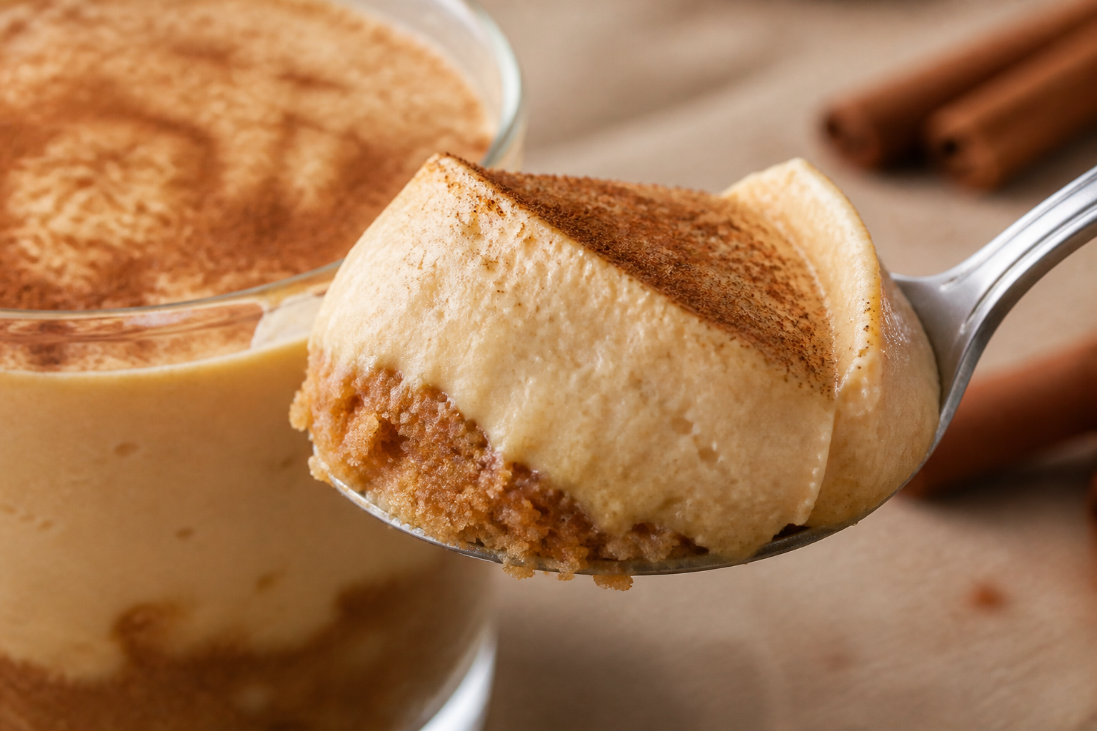Close-up detail of the creamy pumpkin cheesecake layer with cookie crumb edge