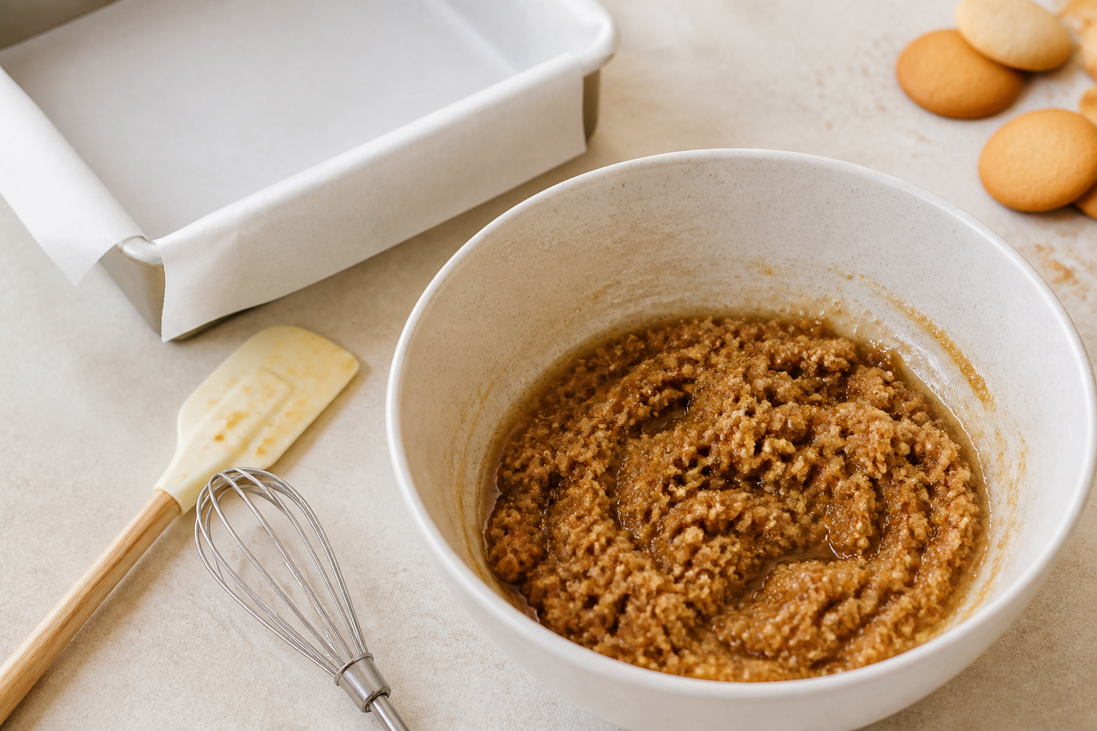 Crushed cookie crumbs with browned butter for the cheesecake bar crust