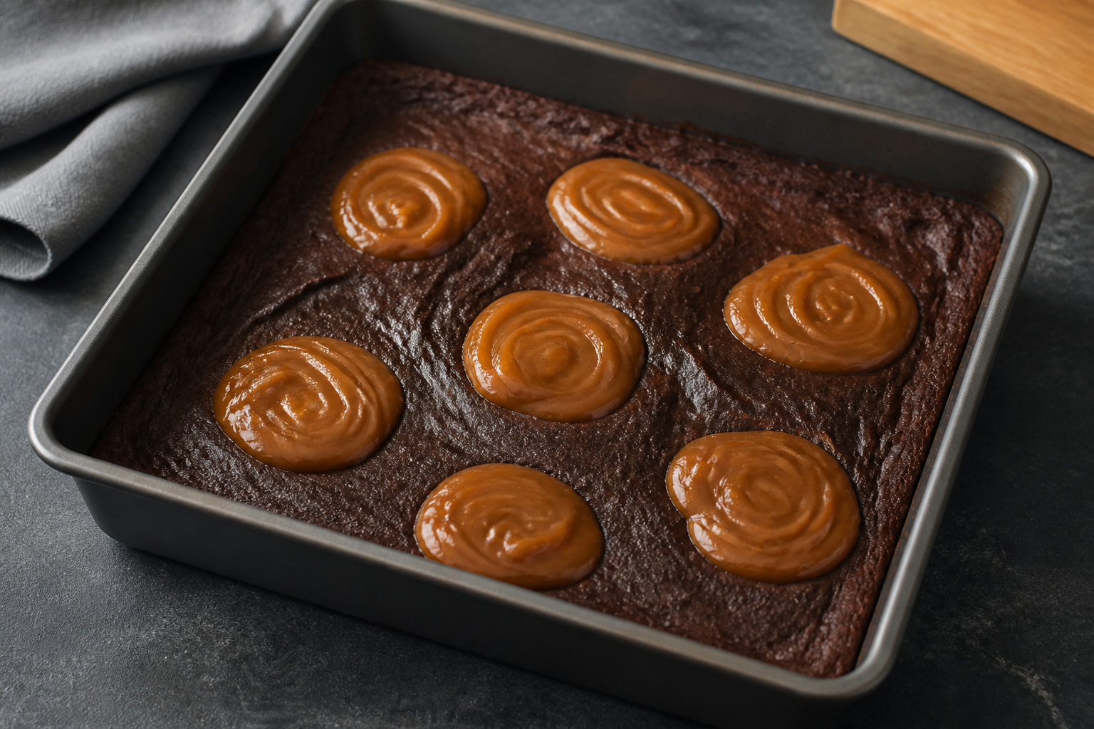Black cocoa brownie batter with salted caramel dollops and swirl before baking