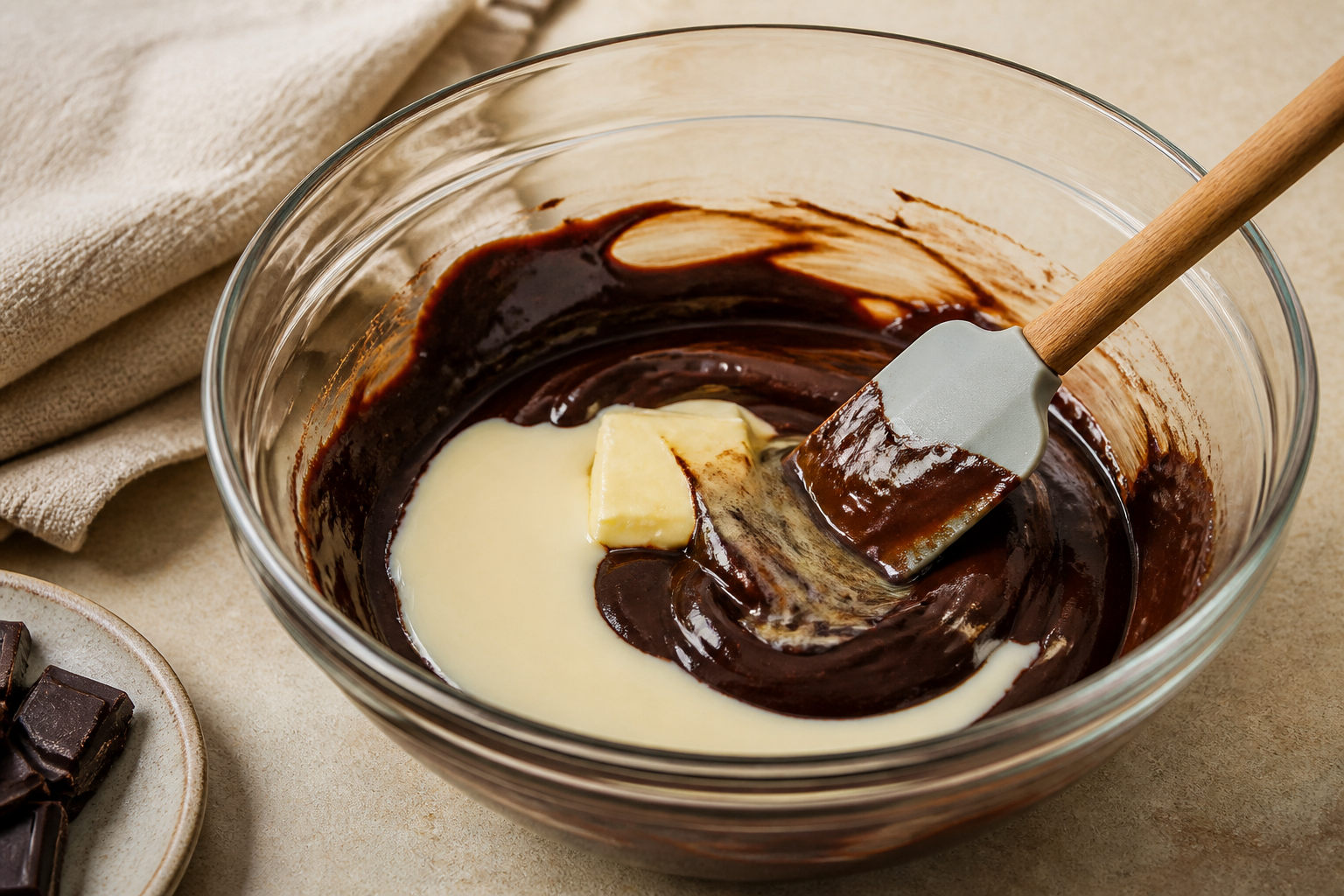 Glossy chocolate fudge mixture being stirred before pouring into the pan